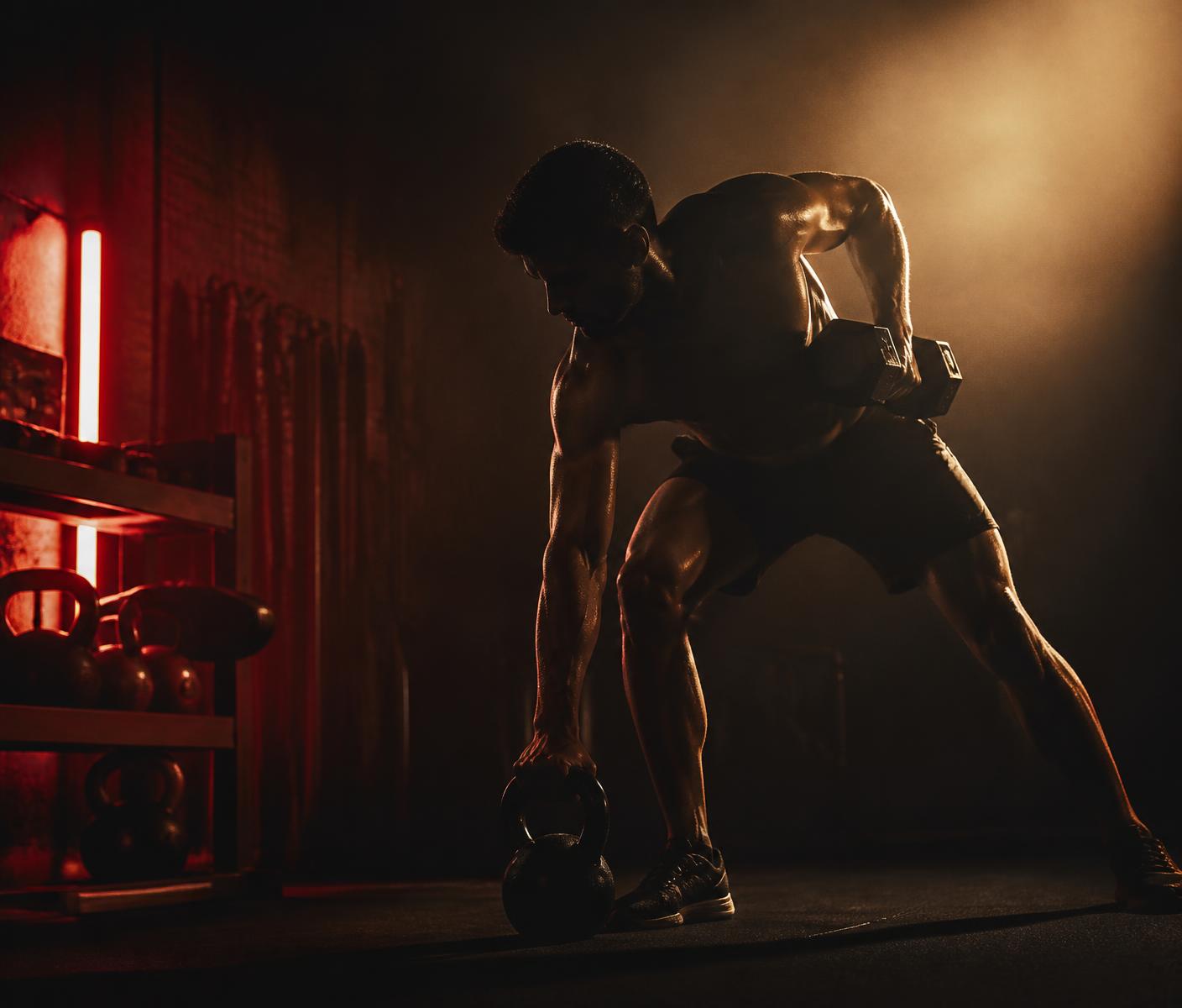 Strength and conditioning training in a dark gym